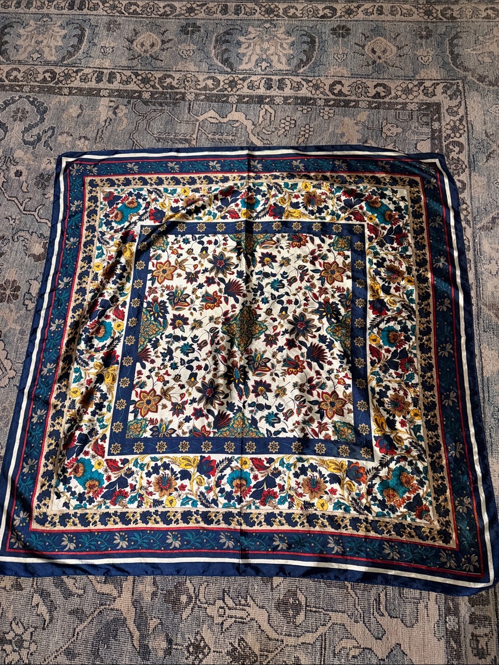 Cream Floral Silk-Feel Square Scarf with Navy & Teal Accents